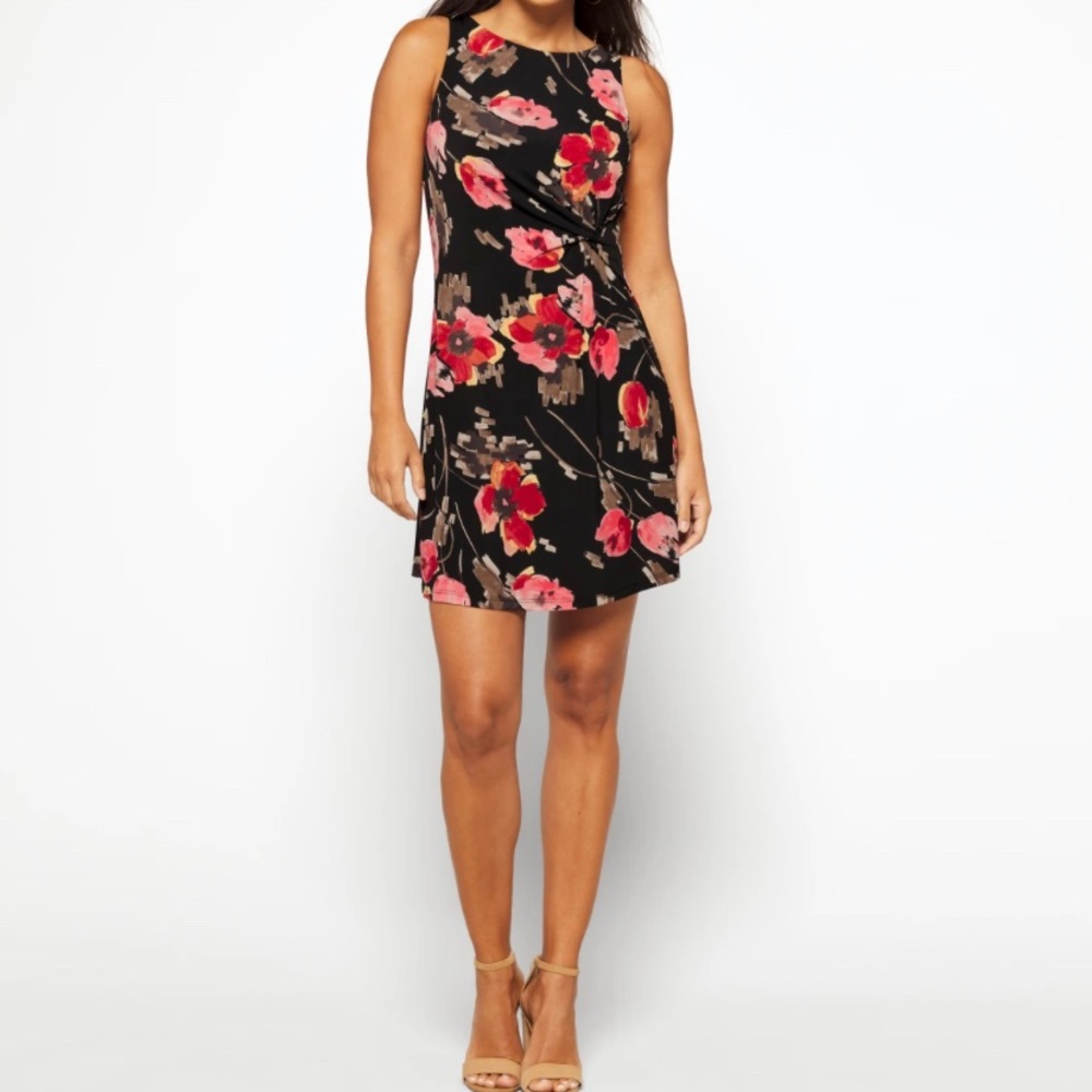 Floral Twist-Front Black Mini Dress with Pink Red Blooms
